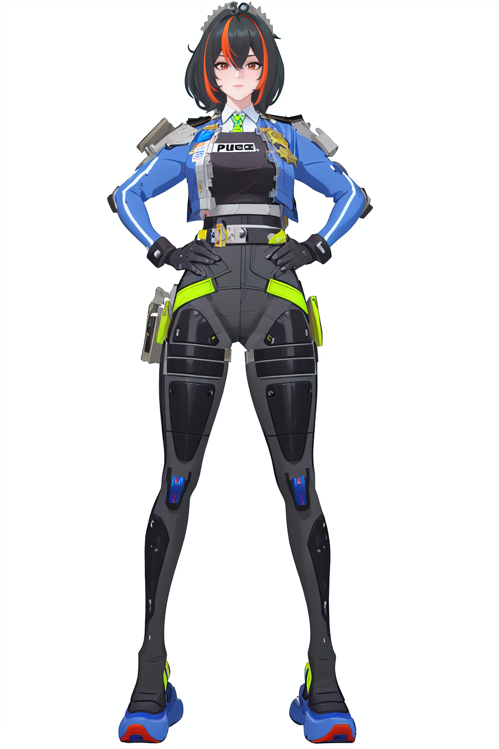 8k, best quality, masterpiece, (ultra-detailed), (high detailed skin), 
(full body:1.25), (white background:1.4), (simple background), standing, looking at viewer, (solo:1.2), hands on hips, 
<lora:zhuyuan-sd-Tanger:1>, zhuyuan, default clothes, Police combat uniforms, 1girl, multicolored hair, black hair, blue jacket, gloves, streaked hair,