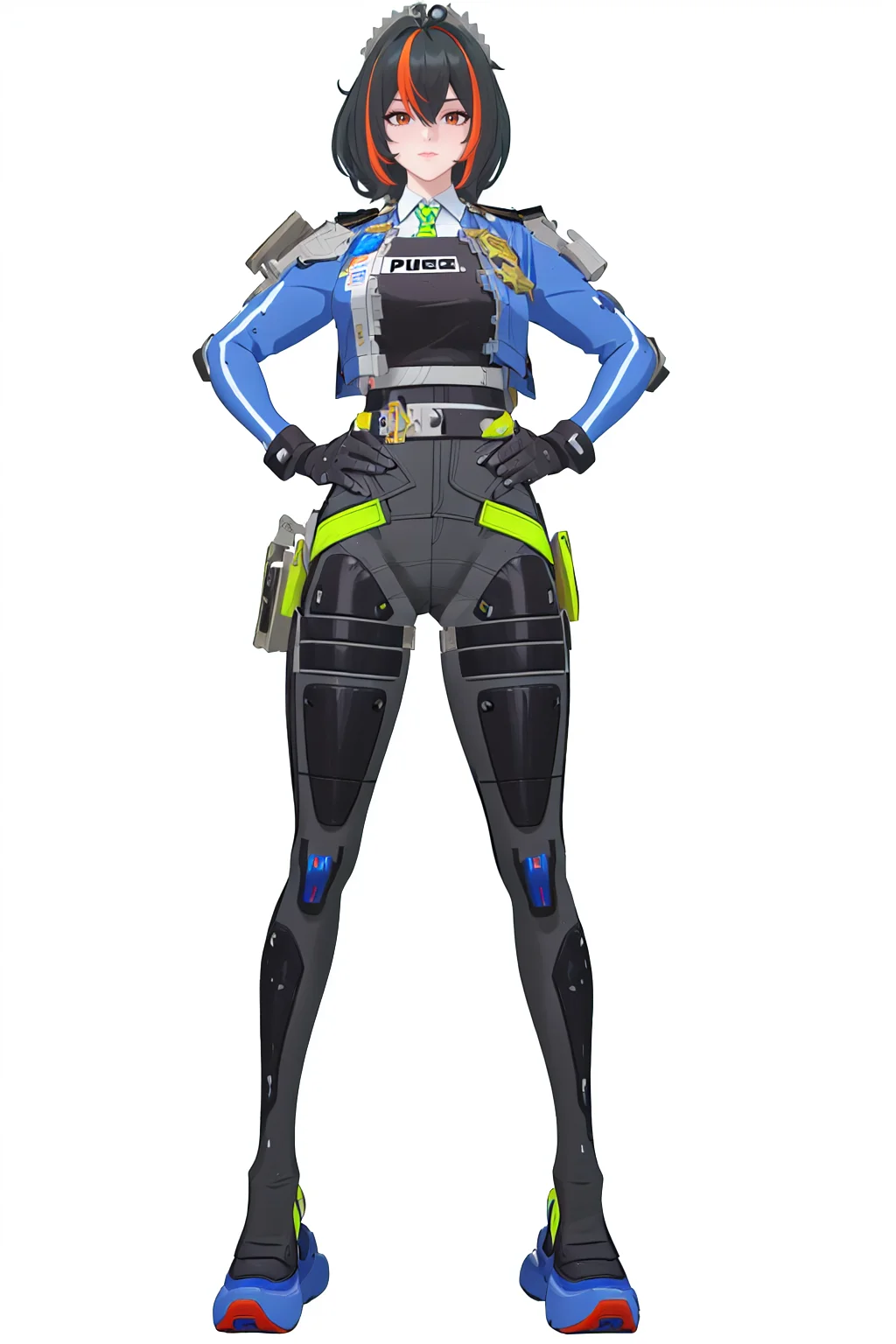 8k, best quality, masterpiece, (ultra-detailed), (high detailed skin),
(full body:1.25), (white background:1.4), (simple background), standing, looking at viewer, (solo:1.2), hands on hips,
<lora:zhuyuan-sd-Tanger:1>, zhuyuan, default clothes, Police combat uniforms, 1girl, multicolored hair, black hair, blue jacket, gloves, streaked hair,