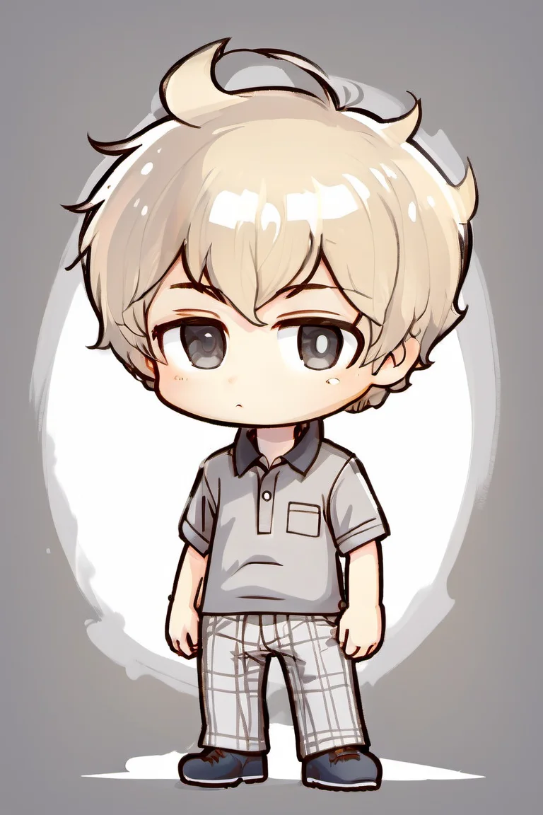 Chibi boy thinking while looking up. He is wearing a cream colored polo shirt and checkered grey pants, <lora:chibi-XL0.2:1>