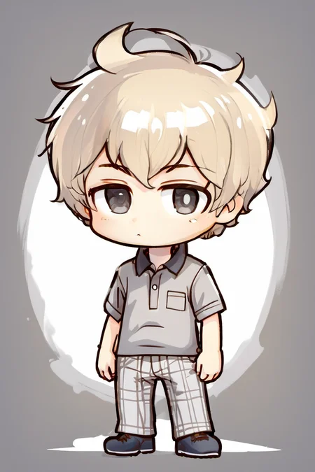 Chibi boy thinking while looking up. He is wearing a cream colored polo shirt and checkered grey pants, <lora:chibi-XL0.2:1>
