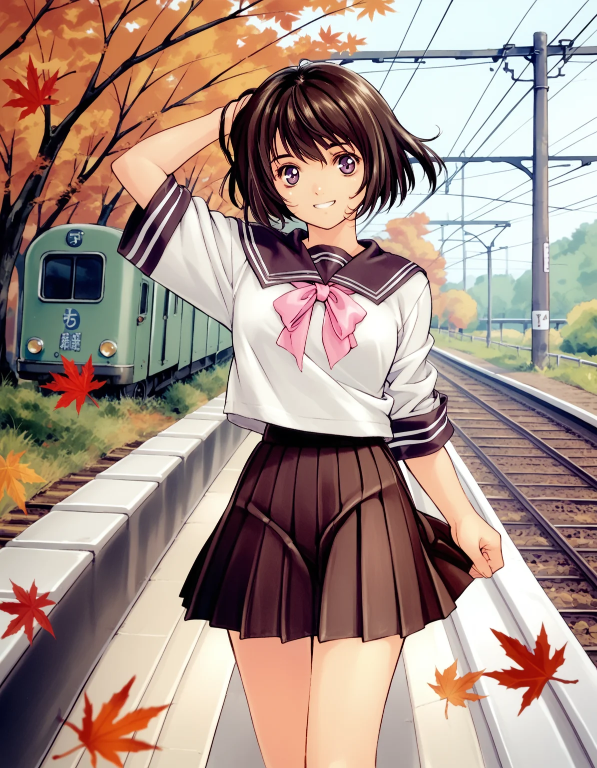 score_9, score_8_up, score_7_up, <lora:peridot-voice-ponyxl-000022:0.8> sasakishouko, serafuku, pleated skirt
1girl,solo, smile, hand in own hair, autumn leaves,looking at viewer,standing,train station,railroad tracks,ground, cowboy shot