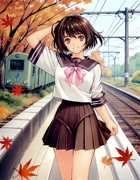 score_9, score_8_up, score_7_up, <lora:peridot-voice-ponyxl-000022:0.8> sasakishouko, serafuku, pleated skirt
1girl,solo, smile, hand in own hair, autumn leaves,looking at viewer,standing,train station,railroad tracks,ground, cowboy shot