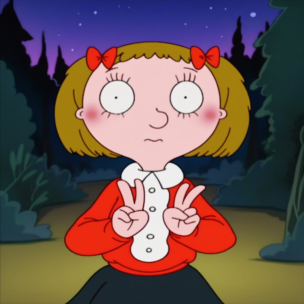 score_9, solo, mona_v, 1girl, short hair, brown hair, hair bow, blush, shirt, long sleeves, skirt, haunted forest, night, looking at viewer, v