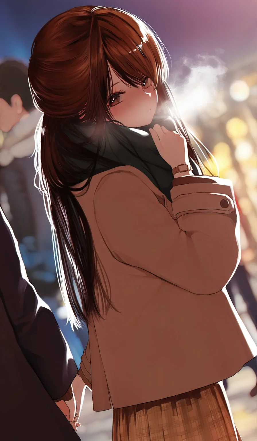 <lora:HonnryouHanaru-Style>,
highres,absurdres,newest,very awa,masterpiece,best quality,year 2024,
(upper body:1.6),
1girl,long hair,skirt,holding hands,looking at viewer,coat,blush,1boy,solo focus,brown eyes,brown hair,jacket,long sleeves,dutch angle,black hair,plaid,plaid skirt,watch,scarf,wristwatch,breath,
