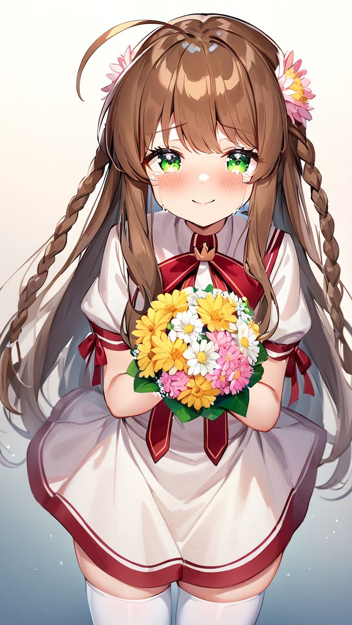 masterpiece,best quality,very aesthetic,absurdres, <lora:XL kanbe_kotori:1>,1girl,kanbe_kotori,solo,Standing on the ground,frontal,front view,Positive por,masterpiece,best quality,very aesthetic,absurdres, kanbe_kotori, 1girl, flower, solo, school uniform, frills, crying, cowboy shot, pink flower, looking at viewer, closed mouth, thighhighs, blush, water drop, white thighhighs, straight-on, standing, yellow flower, holding, white flower, bouquet, ahoge, eyelashes, sky, sidelocks, zettai ryouiki, hands up, smile, outdoors, simple background, white background