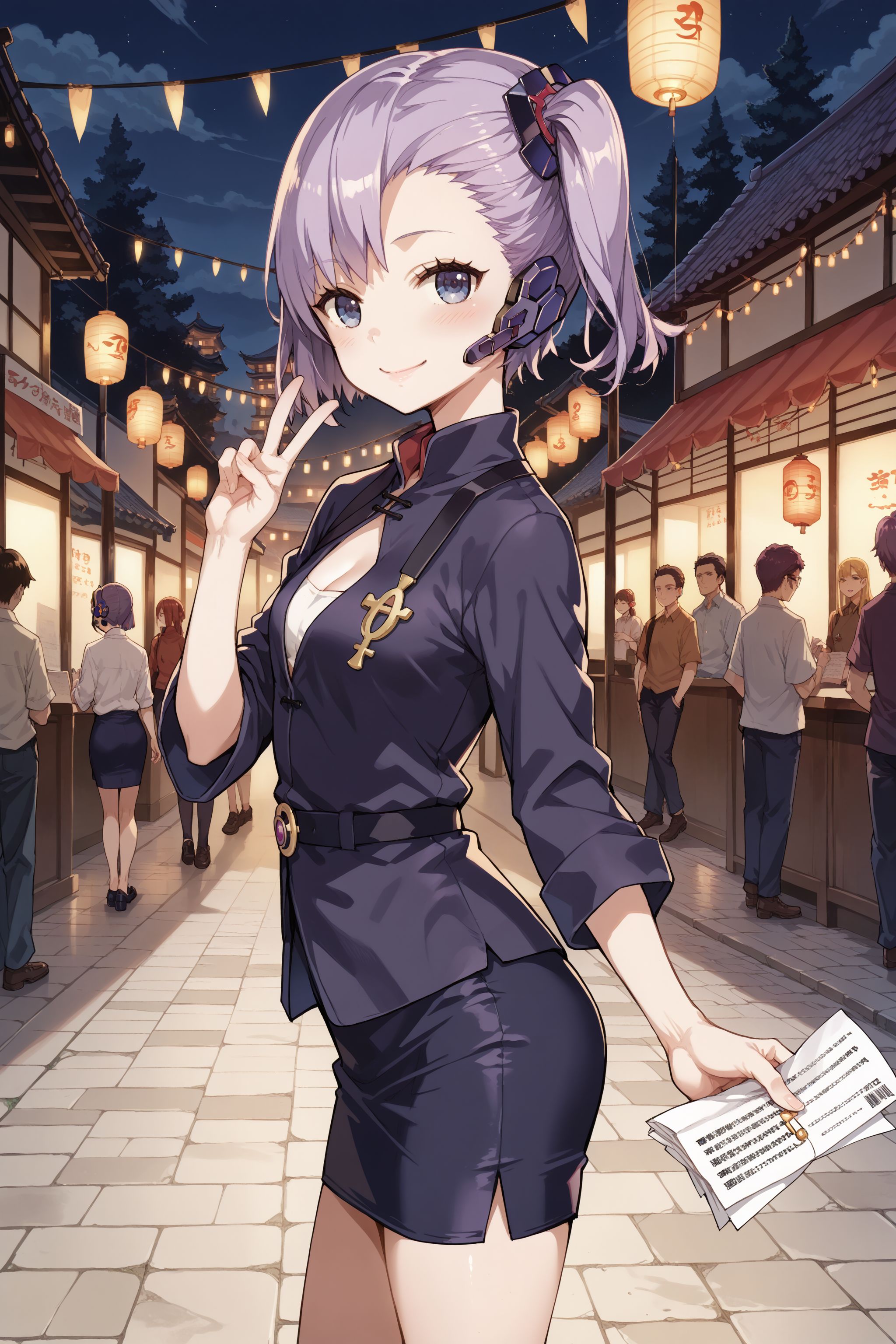 score_max, (score_9, score_8_up, score_7_up:1.2), score_6_up, official art, source_anime,
, masterpiece, absurdres, high detail, 8k,
night, festival, paper lantern, yatai, stone floor, low woods, from side,
standing, looking looking at viewer, arms down, v sign, shy, smile, blush,
, ddpopeko, purple hair, side ponytail, hair ornament, headset, office lade, cleavage, small breasts, pencil skirt,
<lora:XL_Pony_gomaotsu-operator-t1:1>