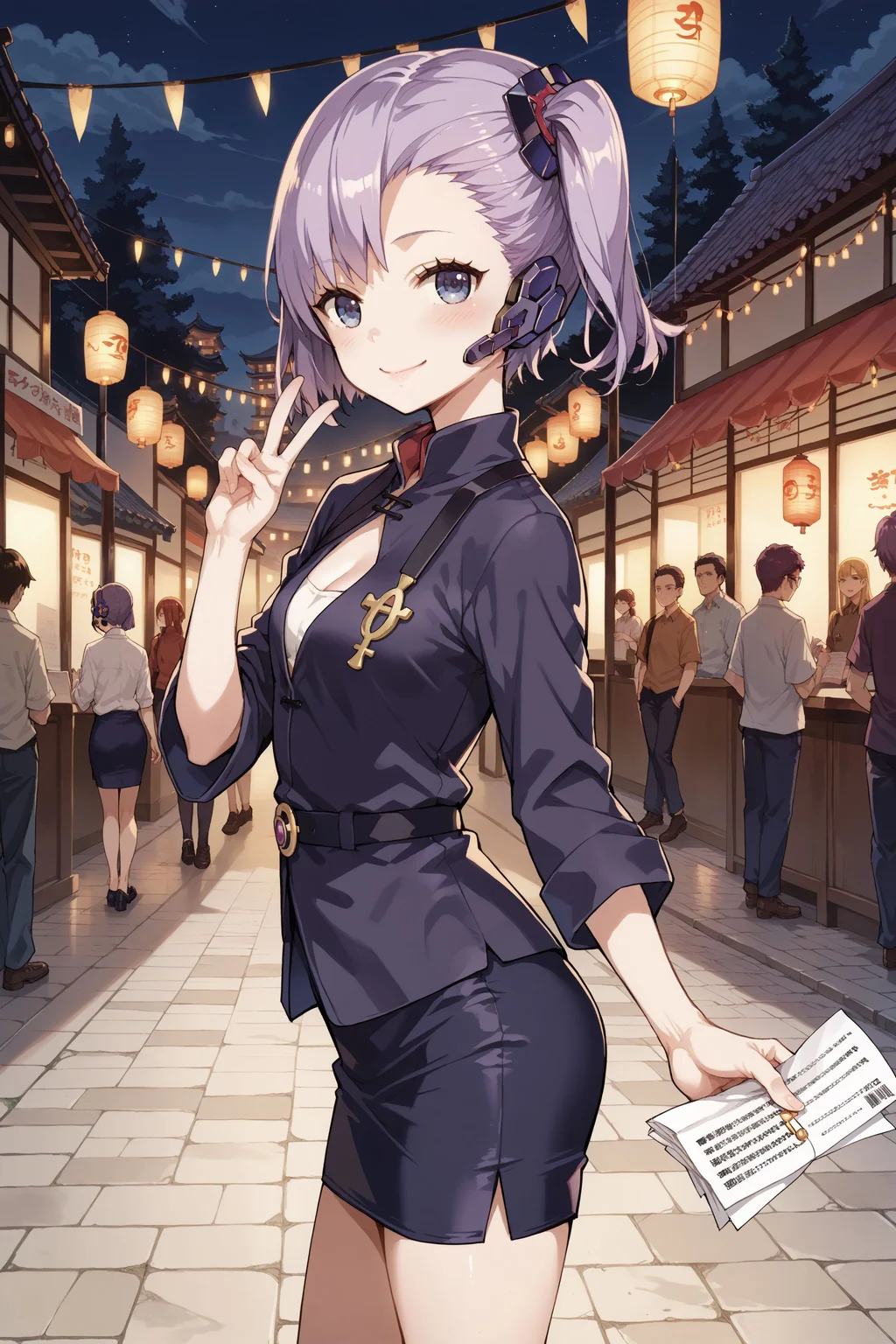 score_max, (score_9, score_8_up, score_7_up:1.2), score_6_up, official art, source_anime,
, masterpiece, absurdres, high detail, 8k,
night, festival, paper lantern, yatai, stone floor, low woods, from side,
standing, looking looking at viewer, arms down, v sign, shy, smile, blush,
, ddpopeko, purple hair, side ponytail, hair ornament, headset, office lade, cleavage, small breasts, pencil skirt,
<lora:XL_Pony_gomaotsu-operator-t1:1>