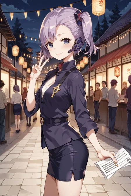 score_max, (score_9, score_8_up, score_7_up:1.2), score_6_up, official art, source_anime,
, masterpiece, absurdres, high detail, 8k,
night, festival, paper lantern, yatai, stone floor, low woods, from side,
standing, looking looking at viewer, arms down, v sign, shy, smile, blush,
, ddpopeko, purple hair, side ponytail, hair ornament, headset, office lade, cleavage, small breasts, pencil skirt,
<lora:XL_Pony_gomaotsu-operator-t1:1>