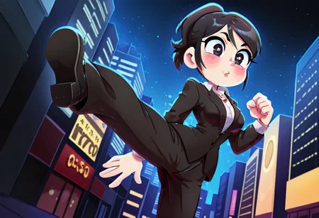 masterpiece, best quality,highres,<lora:pochi_science_ill:1.3>,toon \(style\), toon, dynamic angle, blush circles, chibi, pochi science art style,
1girl, tokyo streets, night time, urban, detailed city, buildings, Japanese signs, metropolis, medium breasts, sayama kaoru, black hair, short hair, short ponytail, black eyes, necklace, pant suit, black jacket, white collared shirt, collared shirt, black pants, black footwear,high kick,<lora:Kaoru_Sayama_ILXL:1.2>
