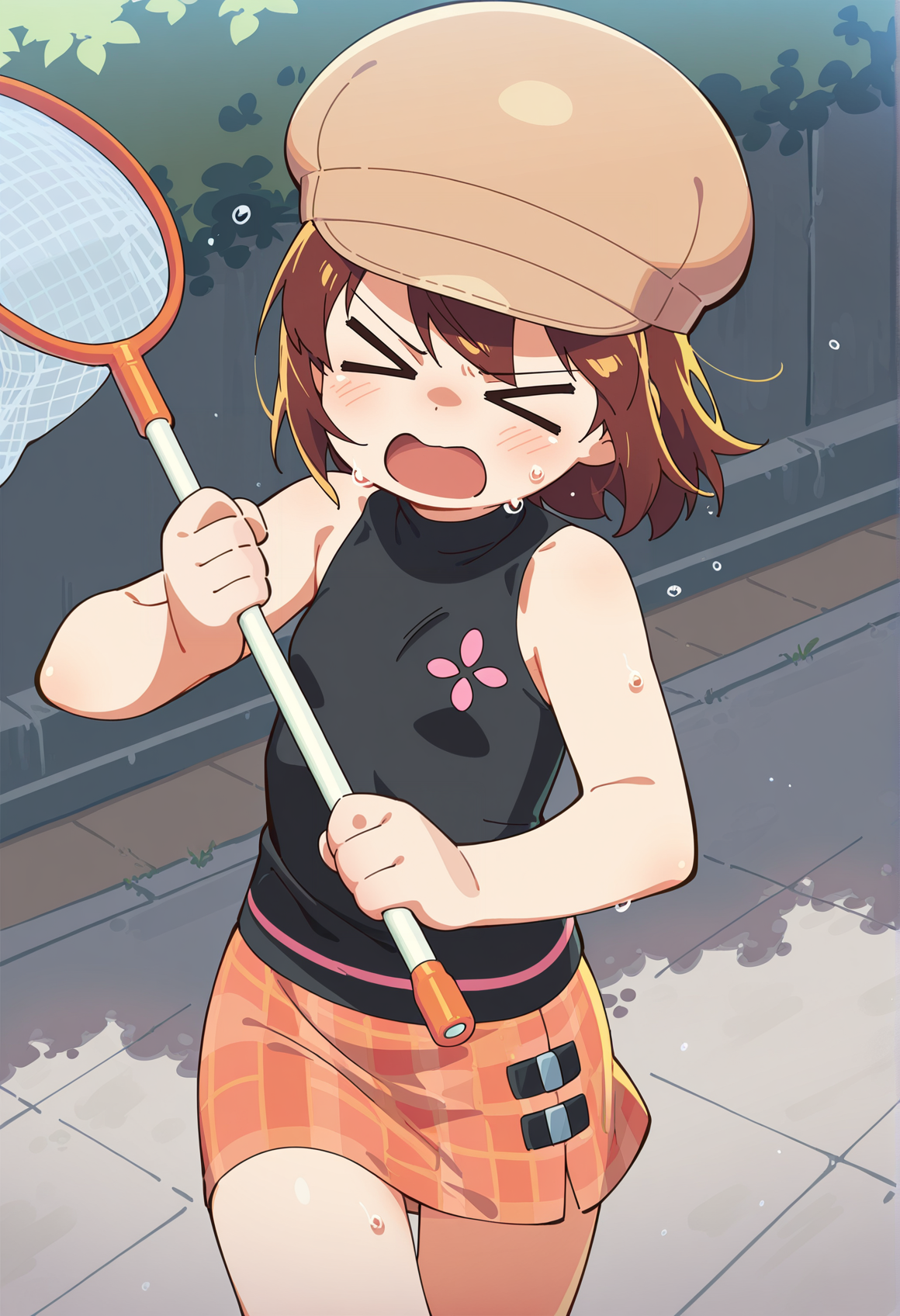 om \(nk2007\), 1girl, solo, brown hair, short hair, blue eyes, brown cap, black shirt, sleeveless, checkered skirt, wristband, running, sweat, cowboy shot, holding butterfly net, tired, XD, <lora:helga_saru_getchu:1>, masterpiece, best quality, amazing quality, very aesthetic, absurdres, highres, newest