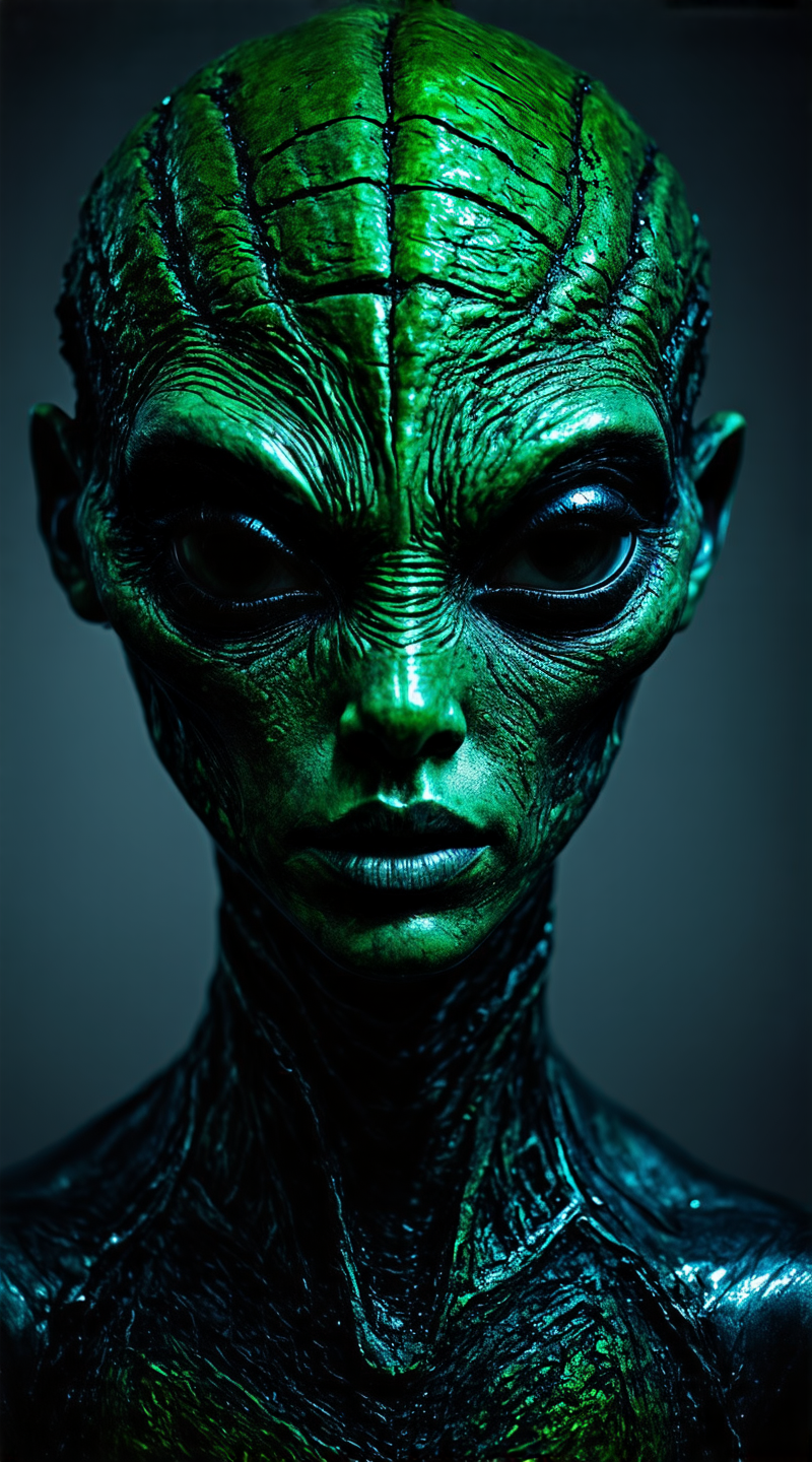 The Background:
The background is a blur of muted grays and shadows, giving no sense of place or environment. The lack of context adds an isolating, timeless feel to the portrait.

The Object/Subject:
The subject fills the entire frame in an extreme close-up view. Only part of the alien's face is visible, cropped tightly on the strong, angular features. Rough, ridged skin has a metallic green and purple iridescent sheen. One large, slanted eye dominates, with a black void for the pupil and bright, bioluminescent flashes highlighting the curves and folds of the eyelid. Subtle grooves and textures give the impression of complex musculature or cybernetic plating under the "skin."

Perspective:
The unconventional angle and framing create a confrontational, in-your-face perspective that is slightly disorienting. By excluding most of the body and face, the viewer is forced to scrutinize every alien detail up close.

Mood/Light:
The lighting is high contrast and dramatic, with bright spill highlights hitting at a stark angle. This creates brilliant flares and specular hotspots that attract the eye to the most intense textures. Deep shadows carve out recessed areas and crevices, forming dark pools and sinister shapes that blur the line between metallic, fleshy, or mechanical elements. The high contrast and extreme angles produce an edgy, aggressive, almost threatening mood.

Artistic Elements:
The colors are highly saturated and vibrant, yet controlled in a limited palette - metallic emerald, vivid fuchsia, and pitch blacks. The patterns of light and dark create spontaneous, abstract artistic elements - splashes, streaks, and webs that add a sense of movement. By excluding most context, the alien textures and patterns take on an intimate, unfamiliar, and distinctly foreign feel.

Let me know if this tightly cropped, high contrast, intensely textured alien portrait captures an edgy, avant garde fashion/portrait vibe with some surprising monstrous elements. I tried to highlight unique perspectives, colors and details up close.
