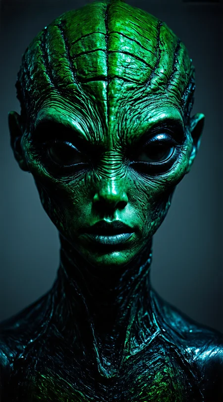 The Background:
The background is a blur of muted grays and shadows, giving no sense of place or environment. The lack of context adds an isolating, timeless feel to the portrait.

The Object/Subject:
The subject fills the entire frame in an extreme close-up view. Only part of the alien's face is visible, cropped tightly on the strong, angular features. Rough, ridged skin has a metallic green and purple iridescent sheen. One large, slanted eye dominates, with a black void for the pupil and bright, bioluminescent flashes highlighting the curves and folds of the eyelid. Subtle grooves and textures give the impression of complex musculature or cybernetic plating under the "skin."

Perspective:
The unconventional angle and framing create a confrontational, in-your-face perspective that is slightly disorienting. By excluding most of the body and face, the viewer is forced to scrutinize every alien detail up close.

Mood/Light:
The lighting is high contrast and dramatic, with bright spill highlights hitting at a stark angle. This creates brilliant flares and specular hotspots that attract the eye to the most intense textures. Deep shadows carve out recessed areas and crevices, forming dark pools and sinister shapes that blur the line between metallic, fleshy, or mechanical elements. The high contrast and extreme angles produce an edgy, aggressive, almost threatening mood.

Artistic Elements:
The colors are highly saturated and vibrant, yet controlled in a limited palette - metallic emerald, vivid fuchsia, and pitch blacks. The patterns of light and dark create spontaneous, abstract artistic elements - splashes, streaks, and webs that add a sense of movement. By excluding most context, the alien textures and patterns take on an intimate, unfamiliar, and distinctly foreign feel.

Let me know if this tightly cropped, high contrast, intensely textured alien portrait captures an edgy, avant garde fashion/portrait vibe with some surprising monstrous elements. I tried to highlight unique perspectives, colors and details up close.
