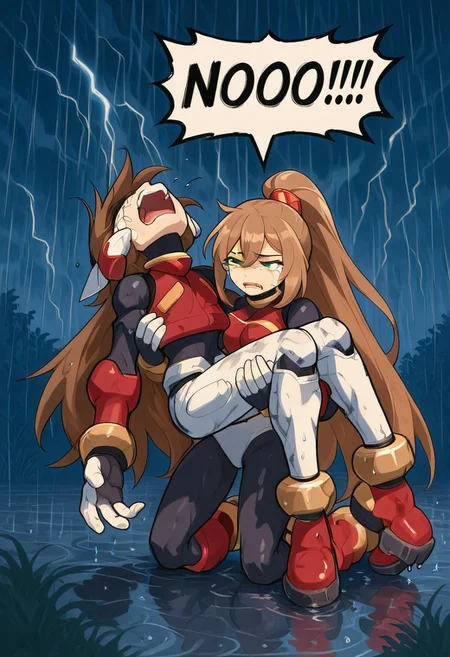 IrisAnotherMMXD, brown hair, ponytail, high ponytail, wide ponytail, hair ornament, green eyes, red armor, mecha musume, armor, white pants, pauldrons, red gauntlets, white gloves, leg armor, speech bubble, NOOO!!!, screaming,tears, kneeling, 1boy, 1girl, contrast lighting, outdoors, thunderstorm, raining,
<lora:Dramatic-NOOO-ILL_Schmede_v1:1>
unconscious, zero rz, unconscious carry, passed out, fainted, unconscious arm carry, princess carry, bridal carry, unconscious princess carry, head back,
<lora:Unconscious-Arm-Carry-SDXL_Bruh7554_v1:1.5>