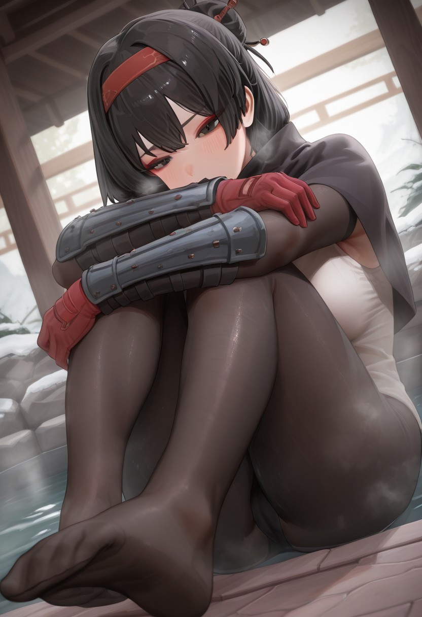 ushikanikassen, masterpiece, best quality, newest, absurdres, highres,  undershirt, black bodysuit, hair stick, hugging knees, gauntlets, eyeshadow, red gloves, two sides up, black capelet, red hairband, black eyes, 1girl, solo, feet, visible breath, dynamic angle, foreshortening, smell, steam, onsen, water