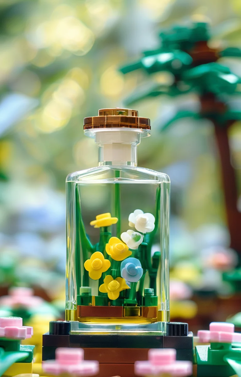 masterpiece,best quality,<lora:tbh246-sdxl:0.9>,illustration,style of lego, A bottle of perfume in garden