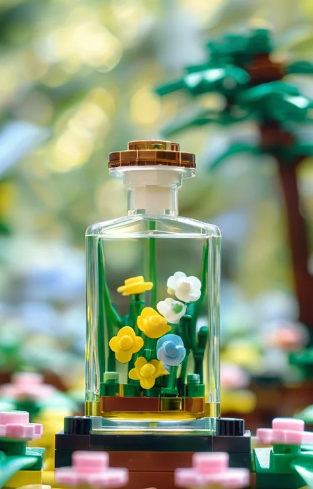 masterpiece,best quality,<lora:tbh246-sdxl:0.9>,illustration,style of lego,  A bottle of perfume in garden