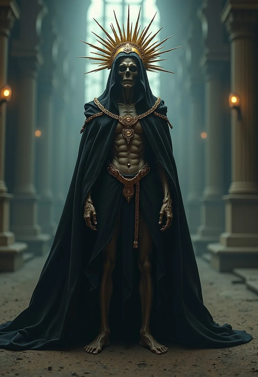 full body establishing shot of a cloaked undead warrior, wearing a golden spiky crown, golden accessories adorned, in an enclosed dark chamber, post apocalyptic, horror core, volumetric lighting, ultra detailed