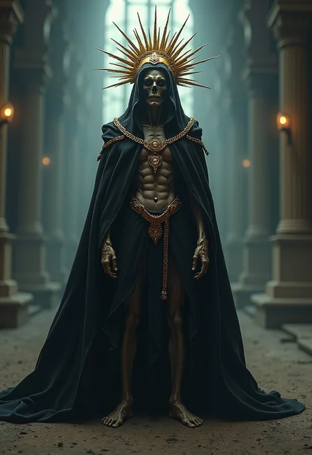 full body establishing shot of a cloaked undead warrior, wearing a golden spiky crown, golden accessories adorned, in an enclosed dark chamber, post apocalyptic, horror core, volumetric lighting, ultra detailed