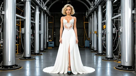 (huge bosom, high heels, panty peek:1.3), busty 1girl wearing long white regal dress with silver armor accents, detailed background, cinematic photo of Bella_Jockitch (large bosom:1.2), dynamic pose, cinematic industrial scene of large scale metal forge, (style of Nick Knight), [regal:industrial:0.7] evil queen in almost all white attire, standing with a commanding presence, golden cyborg mechanical hand glinting in the low light, intricate and polished, overlooking a massive industrial forge, the factory filled with heavy machinery and intense heat, metallic surfaces reflecting fiery hues, constructing mechwarrior/ED-209 inspired machines. Her gown is an elaborate blend of traditional and futuristic design, (white flowing fabric:1.2) with subtle metallic accents, high collar, adorned with delicate glimmering embroidery. Sharp, angular shoulder pads, contrasting with the fluidity of her functional gown. Her expression is stern and unyielding, eyes piercing through the smoky haze, (cleavage:1.2), dark makeup accentuating her fierce gaze. Surrounding her are towering robotic constructs, gears and pistons moving rhythmically, sparks flying as metal is forged and shaped, glowing molten metal. Robotic manufacturing machine arms curl in the distance. The atmosphere is dense with smoke and the scent of molten metal, creating a stark contrast to her pristine appearance, a juxtaposition of purity and raw industrial power. full body dynamic pose, (full length, wide shot, entire person, standing, head to toe, long shot, distant view:1.2), (chin-length short hair, bleached white-colored hair, curly hair, center part:1.13), volumetric lighting, subsurface scattering, (special effects, color grading, fantasy aura), (ooh_me_likey-xl:1.2), masterpiece, best quality, amazing quality, very aesthetic, detailed eyes, perfect eyes, realistic eyes, Effe_Loovia
