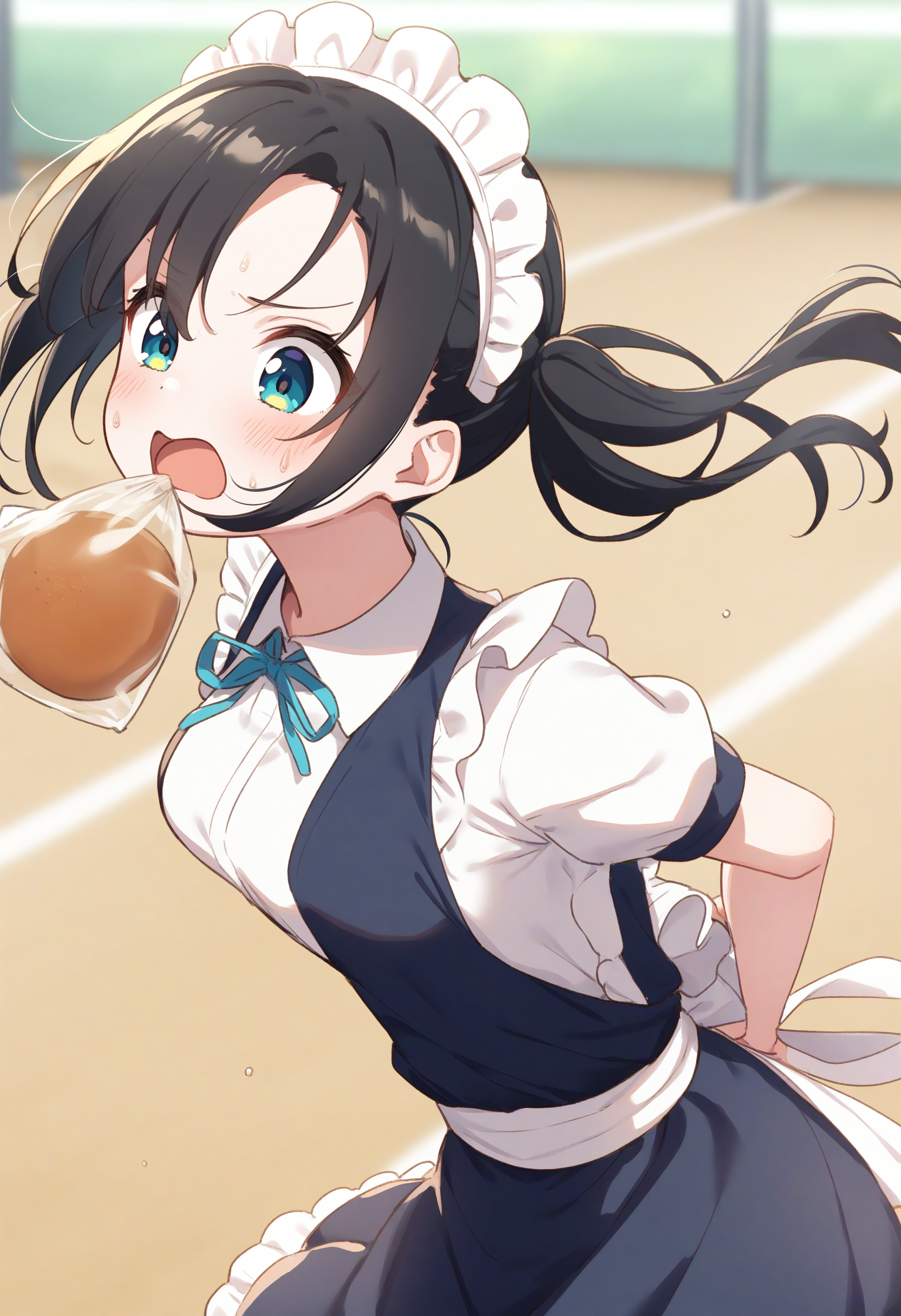 1girl,sincos, ningen mame, toosaka asagi,solo,medium breasts,20yo,maid,maid headdress,
bread eating race,sports festival,bread,arms behind back,<lora:breadeatingrace_XL_v1:0.8>
open mouth, bouncing breasts, plastic bag,
from behind, upper body, looking down, black hair, green eyes,clenched teeth, open mouth, split ponytail hair,,
best quality, very aesthetic, absurdres