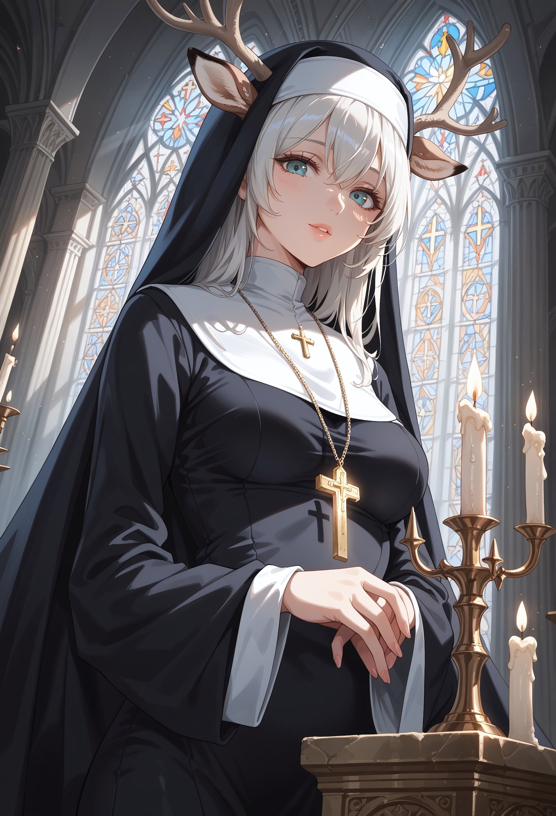 safe_pos, score_9, score_8_up, score_7_up, masterpiece, best quality, (ultra detailed background), highly detailed, fine details, ambient light, soft lighting,
BREAK
1girl, long flowing white hair, deer antlers, nun outfit, nun habit, mandarin collar, fur-trimmed felt cloak, eyes obscured by a decorative mask, cross pendant, good composition, ethereal appearance, medium breasts, glamorous, 
(indoors:1.15), cathedral interior, looking at viewer, dynamic light, dynamic angle, detailed background, light rays, perspective, altar, candles, marble statue