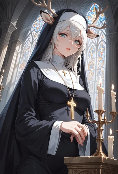 safe_pos, score_9, score_8_up, score_7_up, masterpiece, best quality, (ultra detailed background), highly detailed, fine details, ambient light, soft lighting,
BREAK
1girl, long flowing white hair, deer antlers, nun outfit, nun habit, mandarin collar, fur-trimmed felt cloak, eyes obscured by a decorative mask, cross pendant, good composition, ethereal appearance, medium breasts, glamorous,
(indoors:1.15), cathedral interior, looking at viewer, dynamic light, dynamic angle, detailed background, light rays, perspective, altar, candles, marble statue