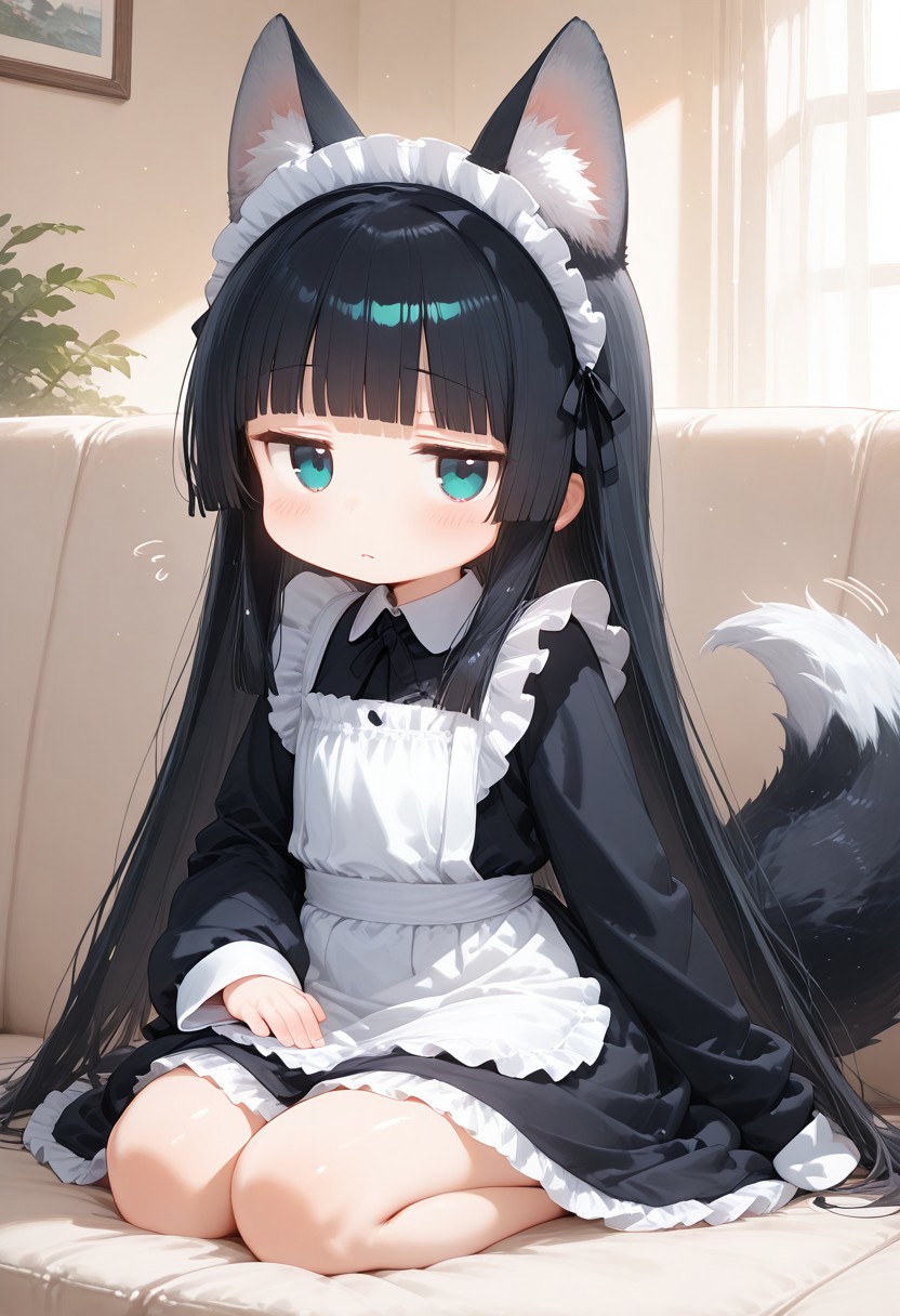 1girl,anime, chibi style, maid, very long black hair, straight hair, blunt bangs, hime cut, teal eyes, wolf ears, long fluffy tail, full sleeves maid dress, oversized clothes, frilled dress, blush, scornful eyes(jitome eyes), disgusted face, lap pillow invitation pose, line movements, patting thighs, looking at viewer, very cute, closeup, from side, masterpiece,best quality, light particles, cute details, cute colors, on a sofa, seiza, fantasy sofa, plain background, ricottestyle