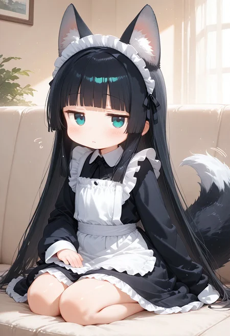 1girl,anime, chibi style, maid, very long black hair, straight hair, blunt bangs, hime cut, teal eyes, wolf ears, long fluffy tail, full sleeves maid dress, oversized clothes, frilled dress, blush, scornful eyes(jitome eyes), disgusted face, lap pillow invitation pose, line movements, patting thighs, looking at viewer, very cute, closeup, from side, masterpiece,best quality, light particles, cute details, cute colors, on a sofa, seiza, fantasy sofa, plain background, ricottestyle