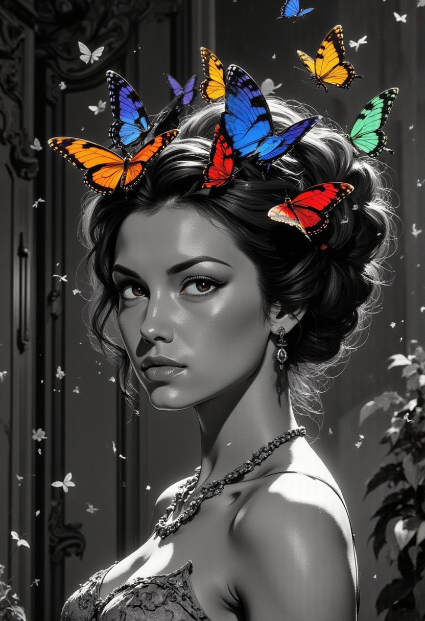 diclrpp, A cinematic black and white portrait of a woman with an elaborate architectural updo hairstyle, photographed against textured gray velvet. Her skin, couture gown, and surroundings are rendered in rich monochromatic tones with dramatic lighting that creates deep shadows and bright highlights. The only color comes from a cluster of vibrant butterflies emerging from within her sculptural hairstyle - their wings displaying jewel tones of sapphire, emerald, ruby, and amethyst that appear almost luminous against the grayscale setting. Some butterflies rest partially in her hair while others have just taken flight, creating a fluttering halo of color around her otherwise monochrome appearance. The contrast is heightened by the perfectly still, serene expression on the woman's face, as if the chromatic emergence is a natural extension of her being rather than something extraordinary. Tiny particles of dust or pollen visible in the dramatic lighting appear temporarily colored when passing through the butterfly cloud. .j_art