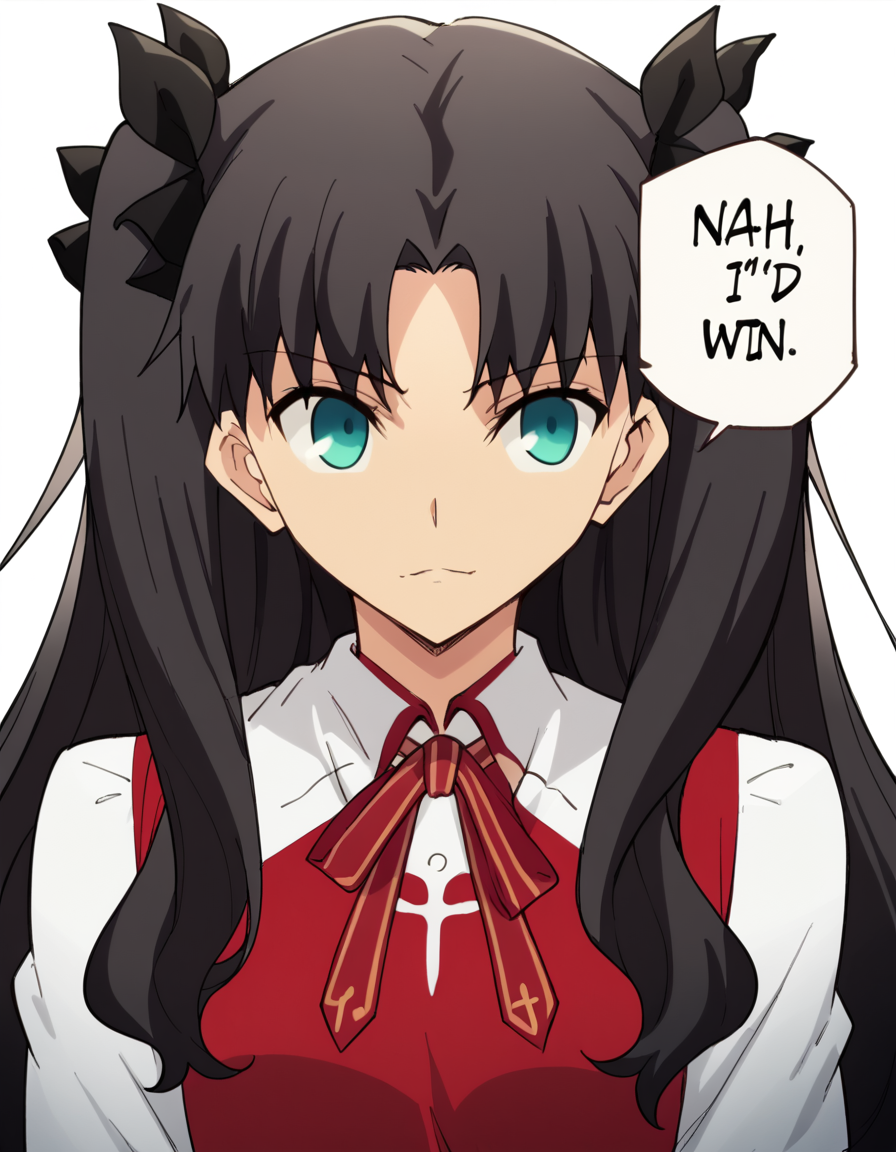 score_9, score_8_up, score_7_up, source_anime, rintohsaka, <lora:rin-tohsaka-ubw-ponyxl-lora-nochekaiser:1>, rin tohsaka, aqua eyes, black hair, hair ribbon, long hair, ribbon, sidelocks, two side up, parted bangs,, <lora:nah-id-win-ponyxl-lora-nochekaiser:1> nah id win, nah i'd win (meme), english text, speech bubble, meme, talking, straight-on, portrait, , ,