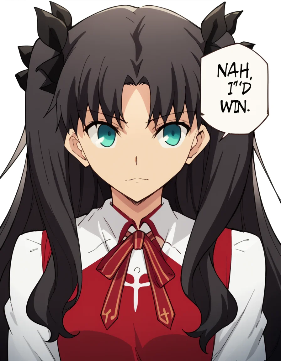 score_9, score_8_up, score_7_up, source_anime, rintohsaka, <lora:rin-tohsaka-ubw-ponyxl-lora-nochekaiser:1>, rin tohsaka, aqua eyes, black hair, hair ribbon, long hair, ribbon, sidelocks, two side up, parted bangs,, <lora:nah-id-win-ponyxl-lora-nochekaiser:1> nah id win, nah i'd win (meme), english text, speech bubble, meme, talking, straight-on, portrait, , ,