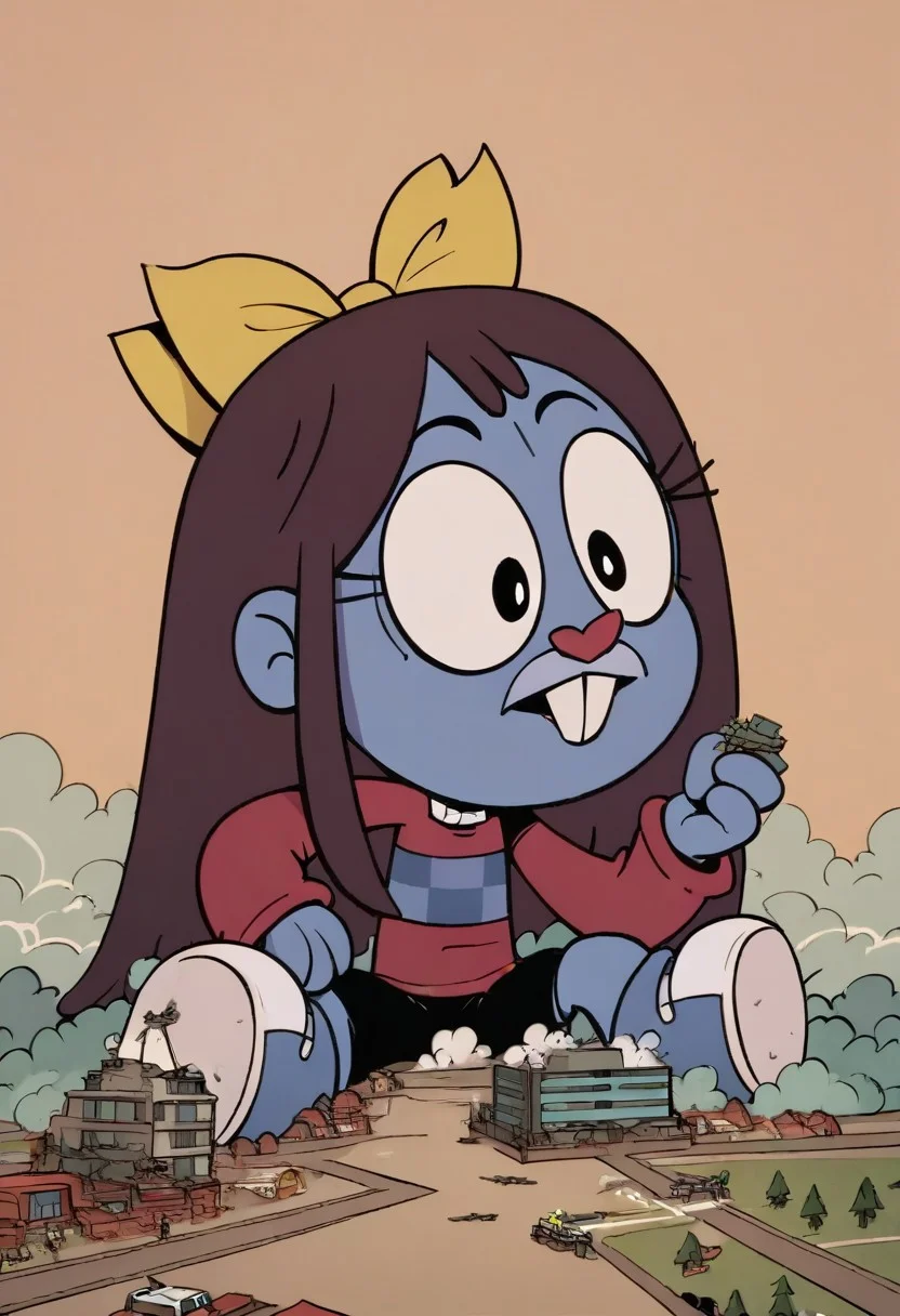 (score_9 | score_8_up | score_7_up) ((masterpiece:1))(best quality,very high quality,ultra detailed:1.2) (2D,cartoon style,anime style)(Smooth:2)(clean blurring) (four fingers on each hand,one thumb on each hand:1), Kara, solo, 1girl, dark brown hair, shoulder-length hair, two eyelashes, buck teeth, dark red sweater with a blue checkered chest stripe and a white collar, black shorts, white ankle boots, full body, red nose, prominent front teeth, long hanging ears, rainbow striped ears, large black eyes, white tail, short blue fur, prominent eyelashes, dark blue seam-like markings, yellow bow, looking to The viewer, macro, growth, destruction, giantess, wide eyes,giantess, above the city, destruction, explosions around feet, dust near paws