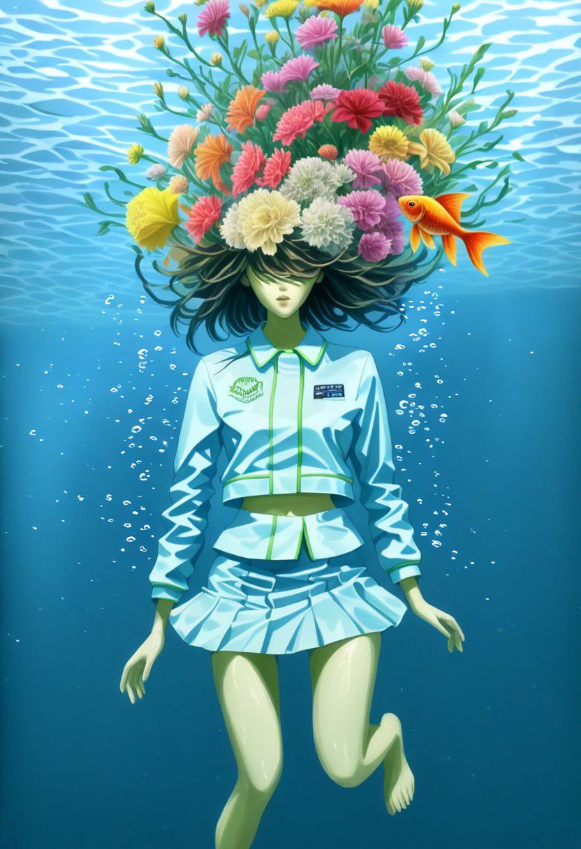 Beautiful woman, full body view, mini skirt, flowerhead, aesthetic, beautiful hair, little jacket, (under water:2), lot of goldfish, speed art, oil painting, beautiful flowers, realistic, surrealist, pastel colors, lot of flowers, algues, by hiroshi nagai