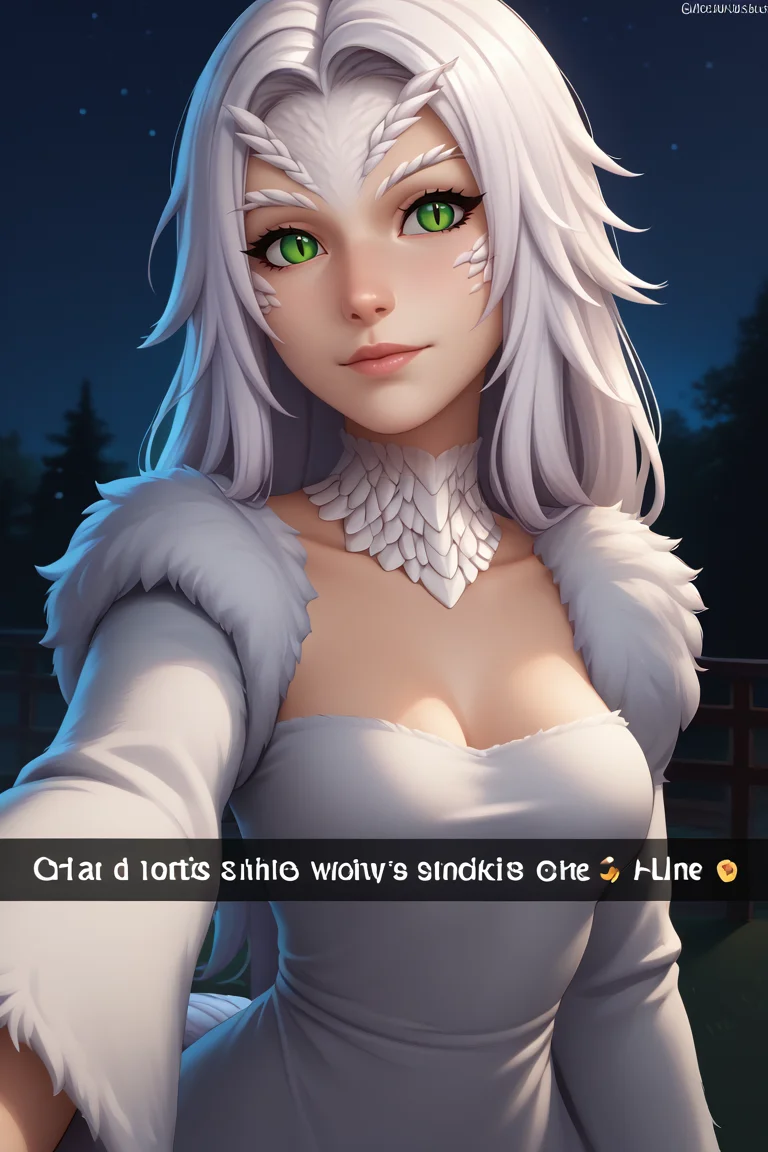 score_9, score_8_up, score_7_up, BREAK, 1girl, solo, breasts, <lora:snapchat-guy-PONYv1:.95>, snapchat, <lora:darksouls_crossbreedpriscilla_ponyXL:1> crossbreedpriscilla, dragon girl, white fur, green eyes, slit pupils, tail, fur trim, white dress, long sleeves, night, night sky,
