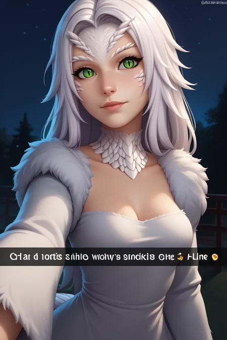 score_9, score_8_up, score_7_up, BREAK, 1girl, solo,  breasts,  <lora:snapchat-guy-PONYv1:.95>, snapchat, <lora:darksouls_crossbreedpriscilla_ponyXL:1> crossbreedpriscilla, dragon girl, white fur, green eyes, slit pupils, tail, fur trim, white dress, long sleeves, night, night sky,