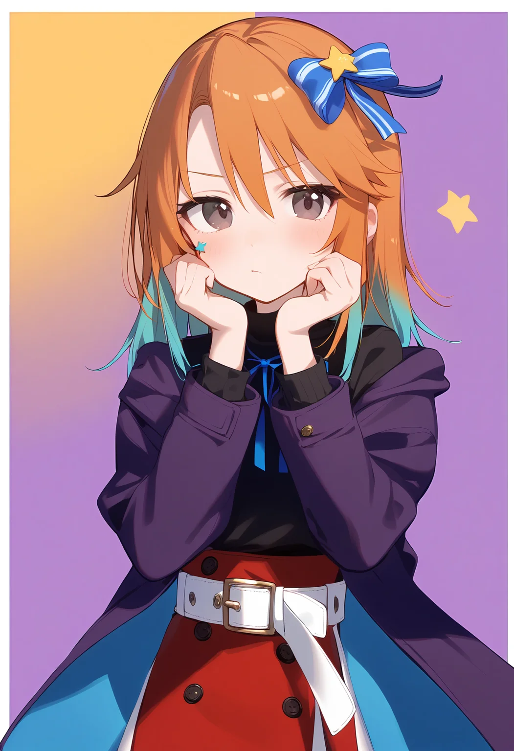 1girl,
yuuki haru,
multicolored background, orange hair, white belt, alternate costume, looking at viewer, shirt, white border, turtleneck, long sleeves, star hair ornament, gradient hair, grey eyes, ribbon, neck ribbon, purple jacket, cowboy shot, blush, hands on own face, hands on own cheeks, purple background, yellow background, medium hair, jacket, belt, aqua hair, solo, closed mouth, hair ornament, outside border, multicolored hair, two-tone background, star \(symbol\), black shirt, border, blue ribbon, buttons,
sfw
<lora:a31_char_new_yuuki_haru-000014:1> <lora:a31_style_koni-000010:0.8>