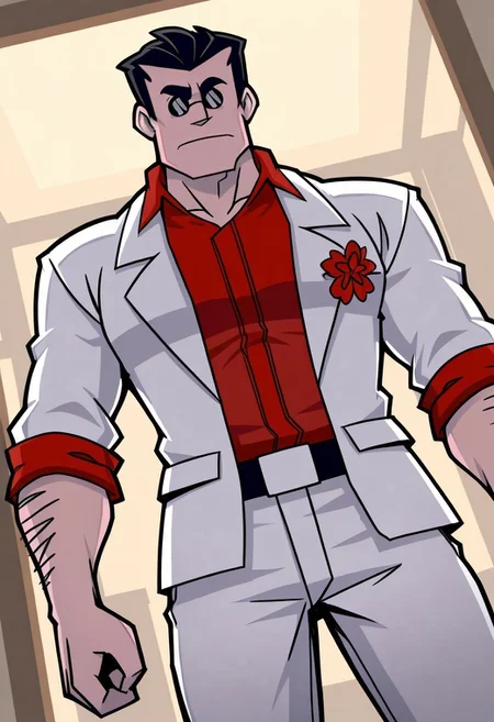 perfect anatomy, perfect proportions, best quality, masterpiece, high_resolution, high quality, best aesthetic, incredibly absurdres, highres, extremely detailed, huge filesize, solo male, adult, mature, masculine, manly, handsome, charming, alluring, standing, upper body, dutch angle, cowboy shot, perfect face, 2d,source_game \(Helltaker\), official style \(Helltaker\), HTHelltaker, Helltaker \(Helltaker\), black hair, short hair, slicked back, sunglasses, Helltaker_outfit01, red collared shirt, white suit jacket, open jacket sleeves rolled up, red boutonniere flower, white pants, low angle, from below