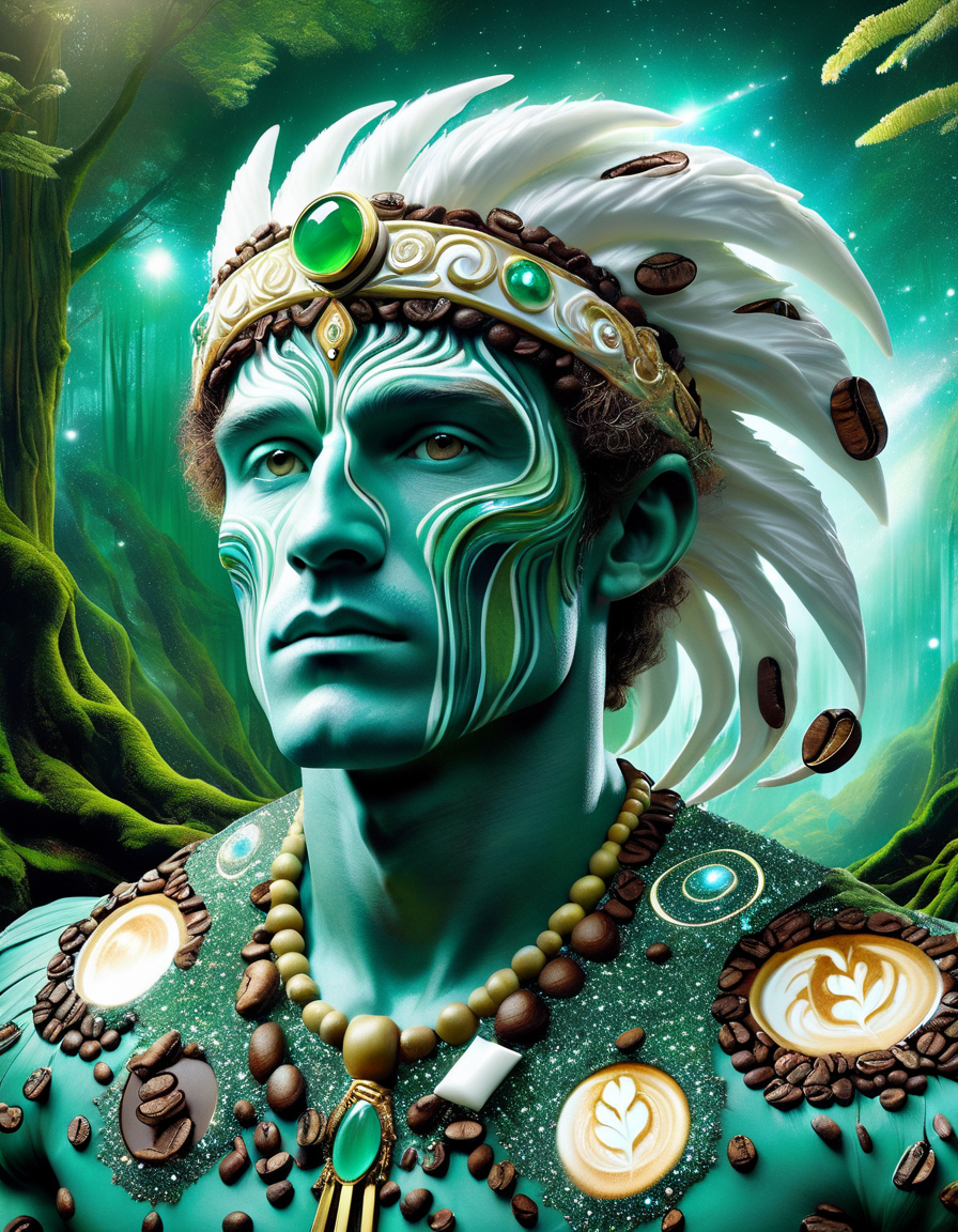 ((best quality)), ((masterpiece)), ((realistic,digital art)), (hyper detailed),DonMC0ff33Ch0c, male Nymph, Ethereal beauty, Nature's guardian, Alluring grace, Youthful appearance, Connected to the environment, Magical presence, Nature spirits, Reside in forests and water bodies, fantasy, Elderly Tall, Indigenous Australian, Gray eyes,  Wide Nose, Protruding Chin, Overbite Jaw, Round Cheeks,  Square face shape with Angular Jaw,  , Emerald Green Mullet hair, Regret,, Seeking counsel from an enchanted book, reading with intense focus,  wearing Envelop,Vivify,Silver,Living Wood,Illuminating,Prismatic Illumination Wizard's Gown , , Celestial Diadem,  Transfigure (Causality,Electric Waterspouts,Diagonal lines,Supersolid,Triangular Prism,Swirling,Circle ,Light yellow,Aqua Fascinate,Veiled,Illustrious  magic:1.0), Divine Invocation, Kneeling with reverence, calling upon deities, Ethereal Luminescence, organic, irregular shapes , <lora:DonMC0ff33Ch0c_XL-000009:1.0>