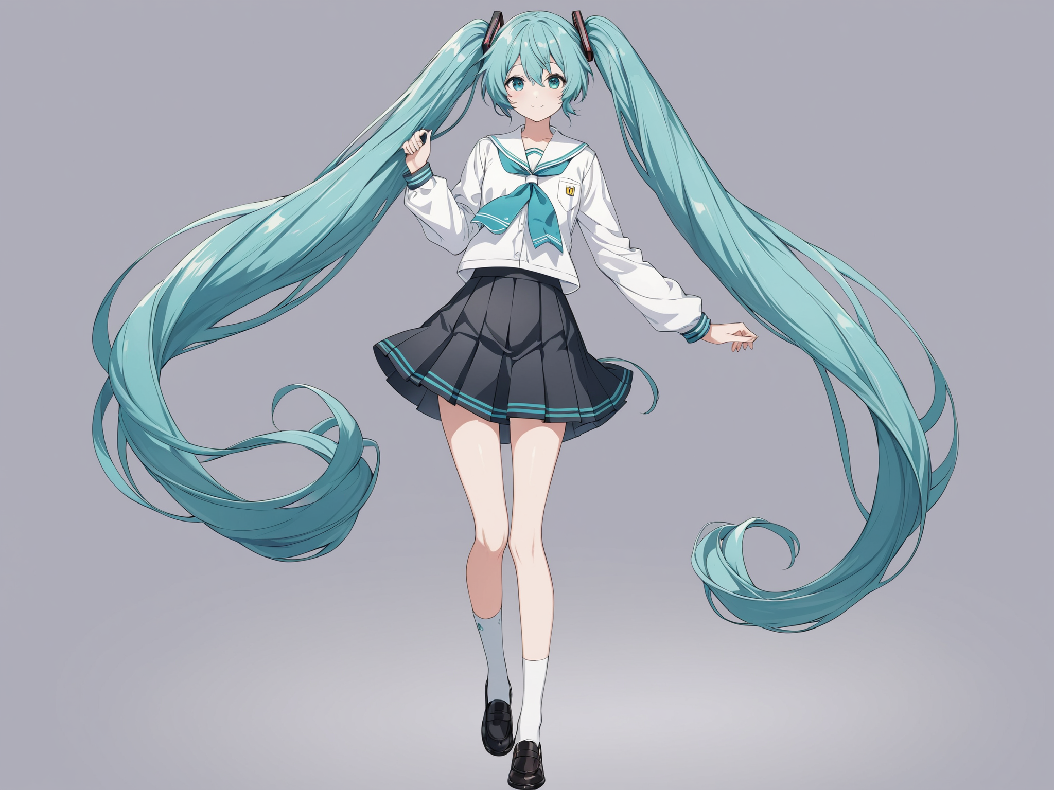 masterpiece,ultra-detailed,best quality,8K,illustration,cute face,clean skin ,shiny hair,girl,ultra-detailed-eyes,simple background, <lora:add-detail-xl:1> <lora:long twintail_XL_V1.0:1> twintails, very long hair,school uniform,full body,hatsune miku