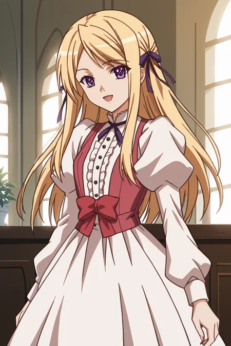 score_9, score_8_up, score_7_up,
anime screencap, anime coloring, detailed face, masterpiece, best quality, very aesthetic, absurdres, volumetric lighting, official style, amazing quality, ultra detailed, highres, amazing quality, scenery, beautiful detailed hair, beautiful detailed eyes,
<lora:Sylvia_van_Hossen_Yuu_Fujikura_and_Maria_van_Hossen_Princess_Lover_OVA_-_Pony:1>
indoors, looking at the viewer,
Maria van Hossen (character), 1girl, solo, long hair, purple eyes, blonde hair, ribbon, hair ribbon, open mouth, smile, :D, long sleeves, looking at viewer, puffy sleeves, dress,
standing, cowboy shot