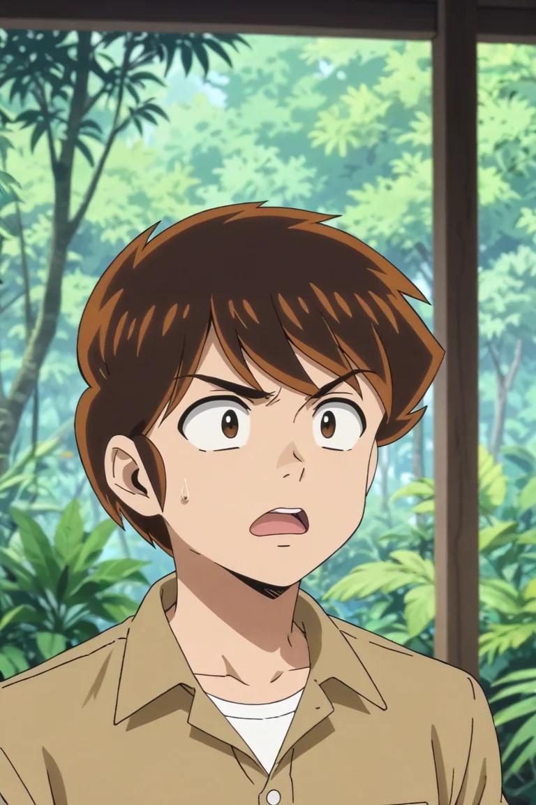 score_9, score_8_up, score_7_up,score_6_up,score_5_up,score_4_up,source_anime,BREAK, rating_safe, intricate details, , anime screencap, anime coloring, official style, depth of field,1boy, solo, male focus,<lora:ataru:0.82> ,ataru moroboshi,brown hair,dark brown eyes,short hair,hair between eyes,short hair,open mouth, shirt, collarbone, upper body, collared shirt, indoors, sweatdrop, leaf, plant, safari shirt,outdoors,jungle , , , <lora:sdxl_lightning_8step_lora_315544:1>