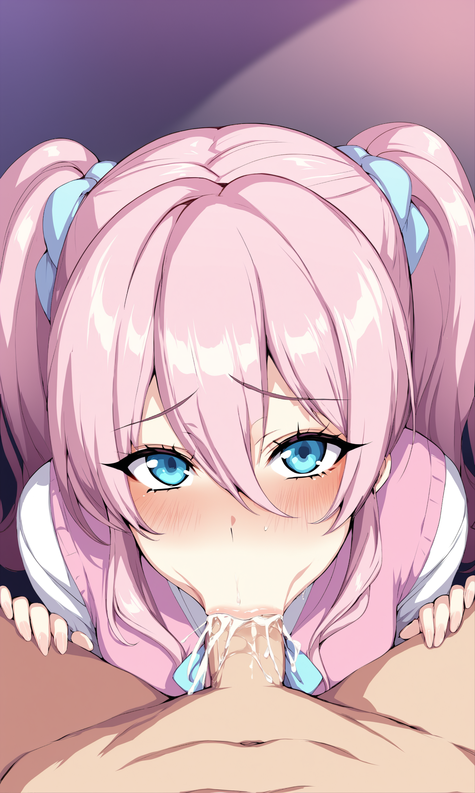 1girl, punopustyle, pink_hair, twintails, looking_at_viewer, fellatio, 1boy, hetero, pov, cum, ejaculation, blush,