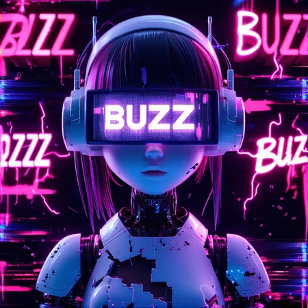 A glitching, 3D-rendered robot girl with a flickering mono display for eyes, displaying the word "Buzz" in distorted, pixelated text. Her body is fragmented and fractured, with parts phasing in and out of existence, showcasing the extent of her malfunction. Surrounding her are the electric energy words "Buzz" and "Buzz". Brushstrokes rendered in a soft, high-contrast style blending abstract 3D elements with an anime/manga aesthetic. Bold, sharp lines define the brushstrokes and the letters, while sloppy drawing and smeared splashes of paint add a sense of chaotic energy. The overall impression is a captivating blend of glitchy cyberpunk, abstract art, and anime, glitched surreal digital space.
