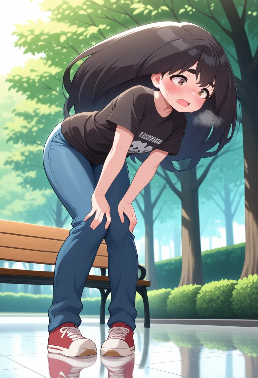 masterpiece, best quality, amazing quality, absurdres, 1girl, solo, sakurakoww, brown eyes, black hair, long hair, big hair, thick eyebrows, t-shirt, jeans, <lora:Umeyashiki_Sakurako_Me_and_the_Alien_MuMu_ill:0.8>, from below, full body, standing, bent over, hands on own knees, pigeon-toed, sweat, sweatdrop, blush, open mouth, heavy breathing, steaming body, outdoors, park, day, reflective floor, park bench, skindentation, detailed clothing folds, depth of field, sharp, high contrast, dynamic light