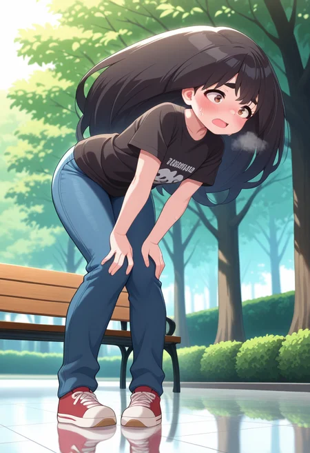 masterpiece, best quality, amazing quality, absurdres, 1girl, solo, sakurakoww, brown eyes, black hair, long hair, big hair, thick eyebrows, t-shirt, jeans, <lora:Umeyashiki_Sakurako_Me_and_the_Alien_MuMu_ill:0.8>, from below, full body, standing, bent over, hands on own knees, pigeon-toed, sweat, sweatdrop, blush, open mouth, heavy breathing, steaming body, outdoors, park, day, reflective floor, park bench, skindentation, detailed clothing folds, depth of field, sharp, high contrast, dynamic light