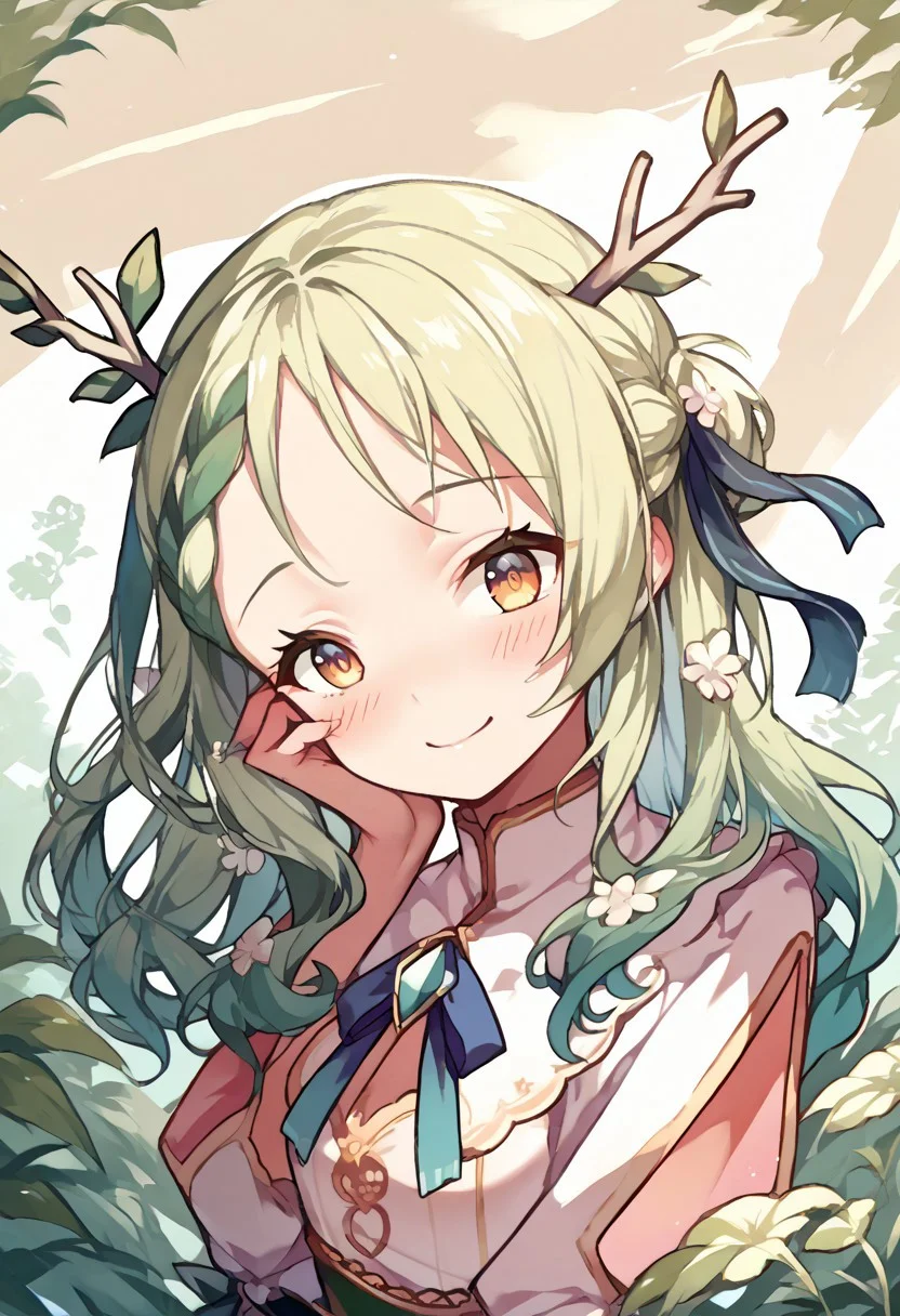 score_9, score_8_up, score_7_up, score_6_up, score_5_up, score_4_up, source_anime, sadistic smile, blvefo, fauna, antlers, head tilt, blush, french braid, half updo, Hair ribbon,
