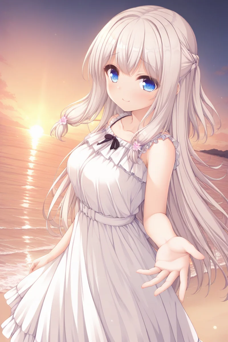 masterpiece,best quality,amazing quality,highres,scenery,newest,1girl,official style,yua,blue eyes,long hair,braid,bangs,white hair,yua dress,dress,white dress,hair ornament,collarbone,flower,hair flower,bare shoulders,sleeveless dress,frilled dress,hairclip,<lora:pieces-yua-V2:1>,ocean,sand,seawave,looking at viewer,smile,sad,gloom,from side,((reaching)),sunset,