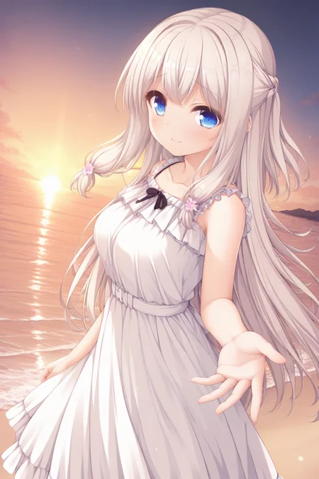 masterpiece,best quality,amazing quality,highres,scenery,newest,1girl,official style,yua,blue eyes,long hair,braid,bangs,white hair,yua dress,dress,white dress,hair ornament,collarbone,flower,hair flower,bare shoulders,sleeveless dress,frilled dress,hairclip,<lora:pieces-yua-V2:1>,ocean,sand,seawave,looking at viewer,smile,sad,gloom,from side,((reaching)),sunset,