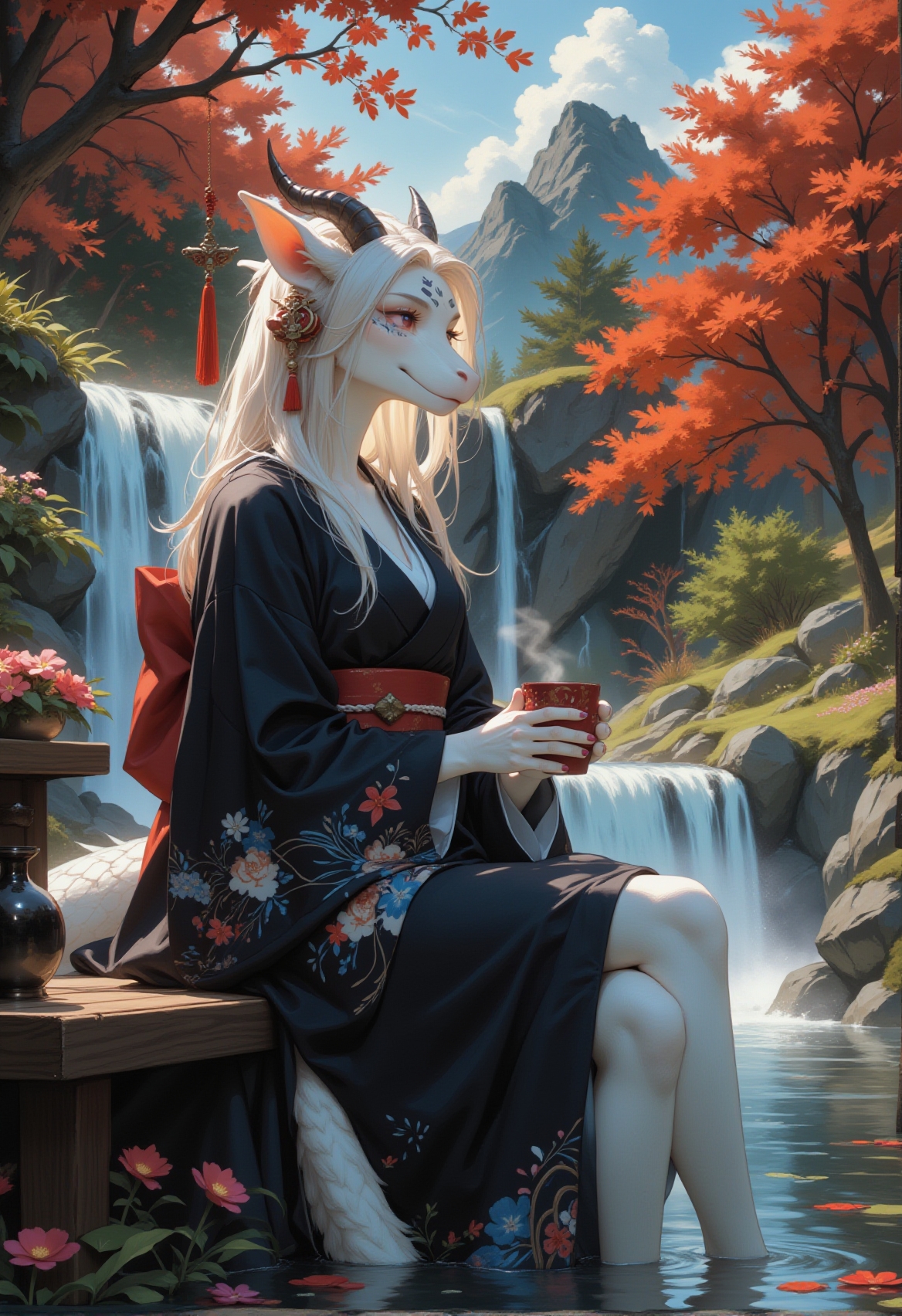 a RAW ultra-realistic photo, UHD,8K, masterpiece, best quality, higres, high detail, depht of view, score_9,score_8_up,score_7_up,embedding:zPDXL2, Expressive,colorful, , A painting of a woman sitting on a bench holding a cup of coffee. The woman is wearing a kimono with flowers on it. There is a waterfall behind the woman. There are flowers on the table in front of the table., 1girl, solo, smile, red_eyes, holding, animal_ears, sitting, closed_mouth, tail, flower, outdoors, japanese_clothes, sky, day, cloud, wide_sleeves, kimono, water, tree, cup, blue_sky, crossed_legs, plant, steam, scenery, holding_cup, furry, pink_flower, dragon, furry_female, scales, waterfall,<lora:增强\(收藏)\sdxl_lightning_8step_lora.safetensors:1.0:1.0> <lora:(风格)\(收藏)\Expressive_H-000001.safetensors:0.8:0.8> <lora:(风格)\(收藏)\GN_v1.4.safetensors:0.4:0.4> <lora:增强\(收藏)\Hands XL 4.safetensors:1.0:1.0> <lora:Envy Pony Pretty Eyes 01.safetensors:0.3:0.3>