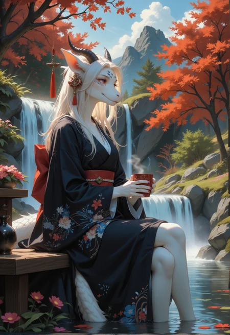 a RAW ultra-realistic photo, UHD,8K, masterpiece, best quality, higres, high detail, depht of view, score_9,score_8_up,score_7_up,embedding:zPDXL2, Expressive,colorful, , A painting of a woman sitting on a bench holding a cup of coffee. The woman is wearing a kimono with flowers on it. There is a waterfall behind the woman. There are flowers on the table in front of the table., 1girl, solo, smile, red_eyes, holding, animal_ears, sitting, closed_mouth, tail, flower, outdoors, japanese_clothes, sky, day, cloud, wide_sleeves, kimono, water, tree, cup, blue_sky, crossed_legs, plant, steam, scenery, holding_cup, furry, pink_flower, dragon, furry_female, scales, waterfall,<lora:增强\(收藏)\sdxl_lightning_8step_lora.safetensors:1.0:1.0> <lora:(风格)\(收藏)\Expressive_H-000001.safetensors:0.8:0.8> <lora:(风格)\(收藏)\GN_v1.4.safetensors:0.4:0.4> <lora:增强\(收藏)\Hands XL 4.safetensors:1.0:1.0> <lora:Envy Pony Pretty Eyes 01.safetensors:0.3:0.3>